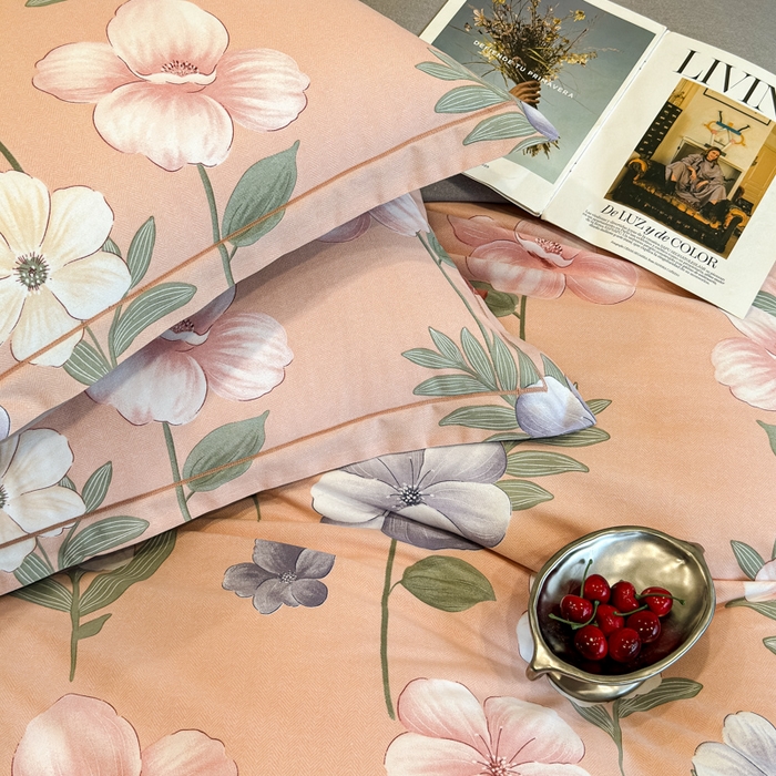 91家纺网 家纺一手货源 找家纺 曲之慕 2025直播爆款纯棉磨毛 高克重加厚全棉磨毛印花四件套 春江花月-粉