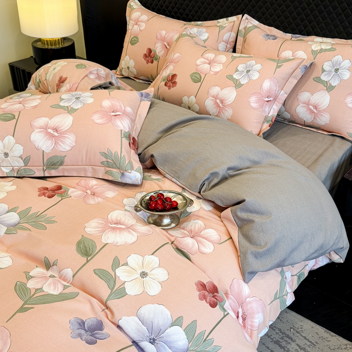 91家纺网 家纺一手货源 找家纺 曲之慕 2025直播爆款纯棉磨毛 高克重加厚全棉磨毛印花四件套 春江花月-粉