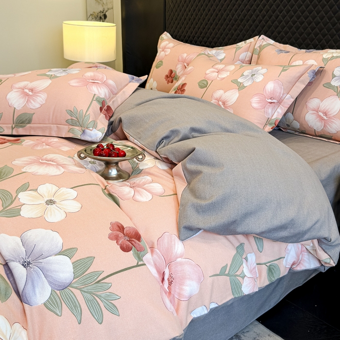 91家纺网 家纺一手货源 找家纺 曲之慕 2025直播爆款纯棉磨毛 高克重加厚全棉磨毛印花四件套 春江花月-粉