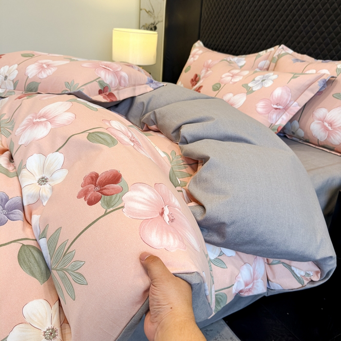 91家纺网 家纺一手货源 找家纺 曲之慕 2025直播爆款纯棉磨毛 高克重加厚全棉磨毛印花四件套 春江花月-粉