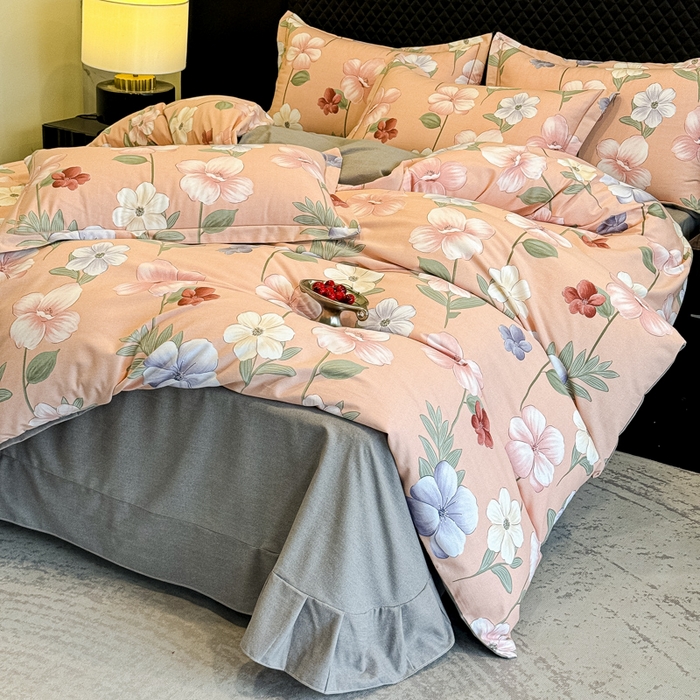 91家纺网 家纺一手货源 找家纺 曲之慕 2025直播爆款纯棉磨毛 高克重加厚全棉磨毛印花四件套 春江花月-粉