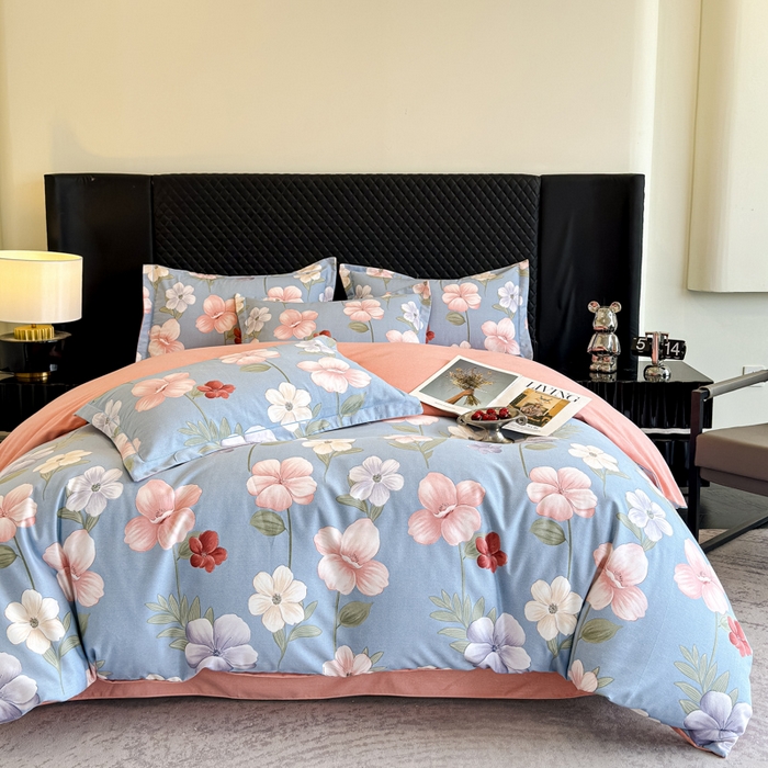 91家纺网 家纺一手货源 找家纺 曲之慕 2025直播爆款纯棉磨毛 高克重加厚全棉磨毛印花四件套 春江花月-蓝