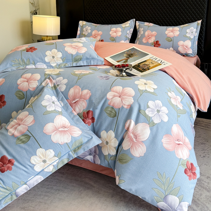 91家纺网 家纺一手货源 找家纺 曲之慕 2025直播爆款纯棉磨毛 高克重加厚全棉磨毛印花四件套 春江花月-蓝