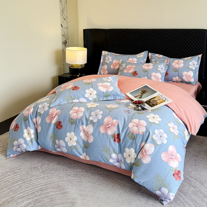 91家纺网 家纺一手货源 找家纺 曲之慕 2025直播爆款纯棉磨毛 高克重加厚全棉磨毛印花四件套 春江花月-蓝