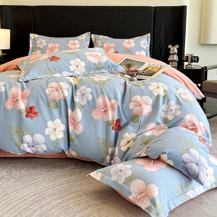 91家纺网 家纺一手货源 找家纺 曲之慕 2025直播爆款纯棉磨毛 高克重加厚全棉磨毛印花四件套 春江花月-蓝