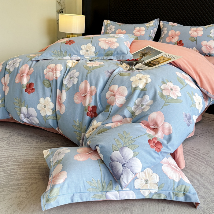 91家纺网 家纺一手货源 找家纺 曲之慕 2025直播爆款纯棉磨毛 高克重加厚全棉磨毛印花四件套 春江花月-蓝