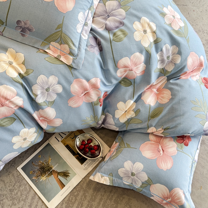 91家纺网 家纺一手货源 找家纺 曲之慕 2025直播爆款纯棉磨毛 高克重加厚全棉磨毛印花四件套 春江花月-蓝