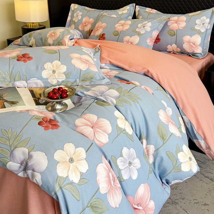 91家纺网 家纺一手货源 找家纺 曲之慕 2025直播爆款纯棉磨毛 高克重加厚全棉磨毛印花四件套 春江花月-蓝