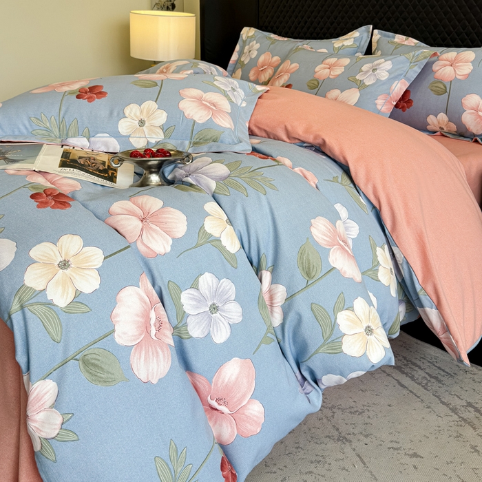 91家纺网 家纺一手货源 找家纺 曲之慕 2025直播爆款纯棉磨毛 高克重加厚全棉磨毛印花四件套 春江花月-蓝