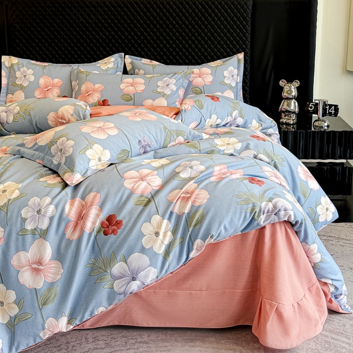 91家纺网 家纺一手货源 找家纺 曲之慕 2025直播爆款纯棉磨毛 高克重加厚全棉磨毛印花四件套 春江花月-蓝