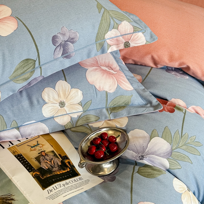 91家纺网 家纺一手货源 找家纺 曲之慕 2025直播爆款纯棉磨毛 高克重加厚全棉磨毛印花四件套 春江花月-蓝