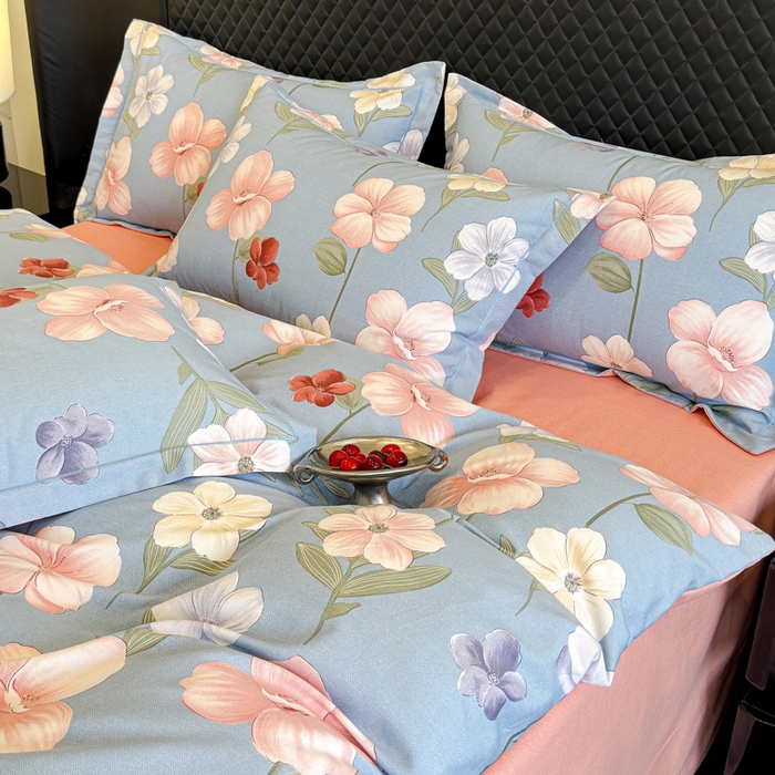 91家纺网 家纺一手货源 找家纺 曲之慕 2025直播爆款纯棉磨毛 高克重加厚全棉磨毛印花四件套 春江花月-蓝