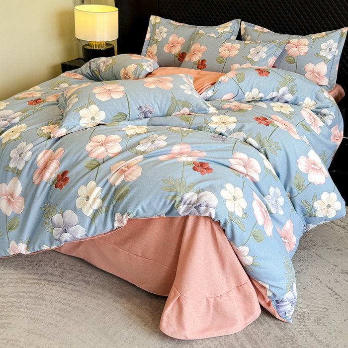 91家纺网 家纺一手货源 找家纺 曲之慕 2025直播爆款纯棉磨毛 高克重加厚全棉磨毛印花四件套 春江花月-蓝