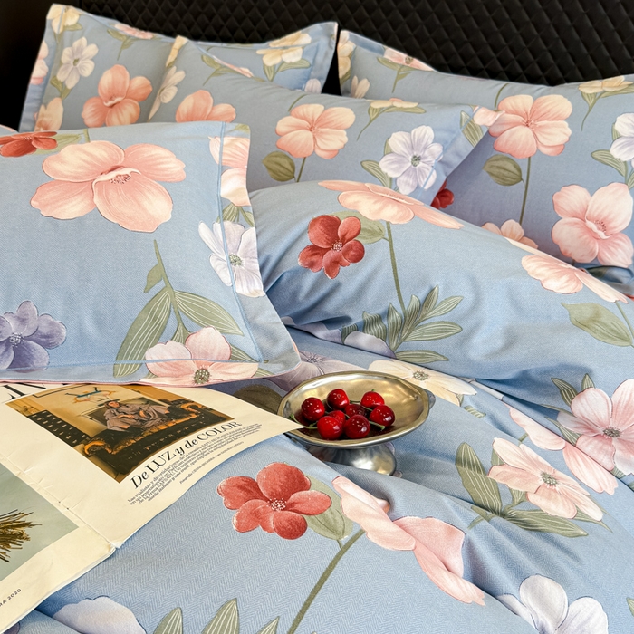 91家纺网 家纺一手货源 找家纺 曲之慕 2025直播爆款纯棉磨毛 高克重加厚全棉磨毛印花四件套 春江花月-蓝