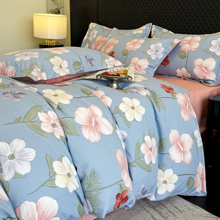 91家纺网 家纺一手货源 找家纺 曲之慕 2025直播爆款纯棉磨毛 高克重加厚全棉磨毛印花四件套 春江花月-蓝