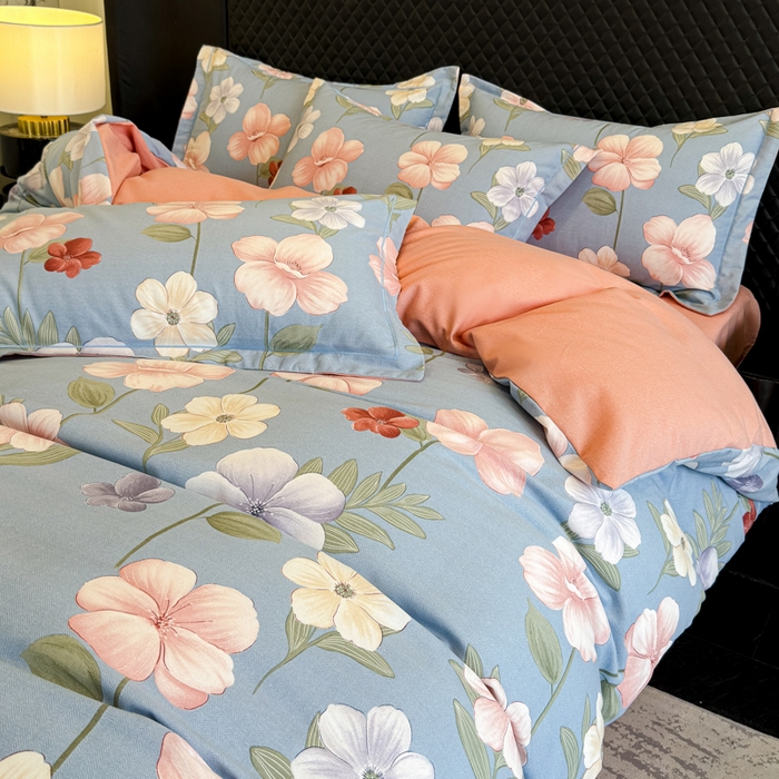 91家纺网 家纺一手货源 找家纺 曲之慕 2025直播爆款纯棉磨毛 高克重加厚全棉磨毛印花四件套 春江花月-蓝