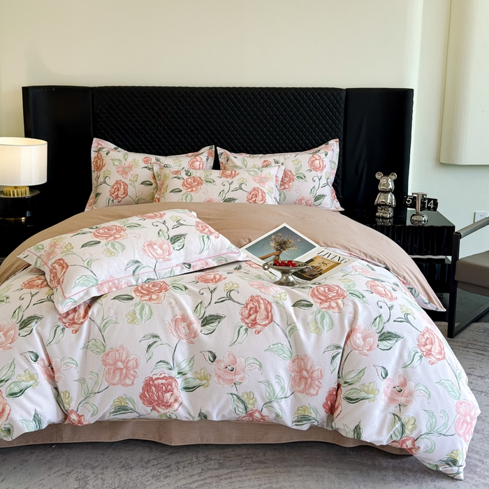 91家纺网 家纺一手货源 找家纺 曲之慕 2025直播爆款纯棉磨毛 高克重加厚全棉磨毛印花四件套 芳菲庄园-粉