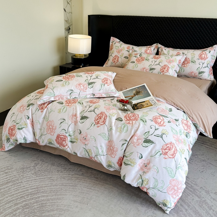 91家纺网 家纺一手货源 找家纺 曲之慕 2025直播爆款纯棉磨毛 高克重加厚全棉磨毛印花四件套 芳菲庄园-粉