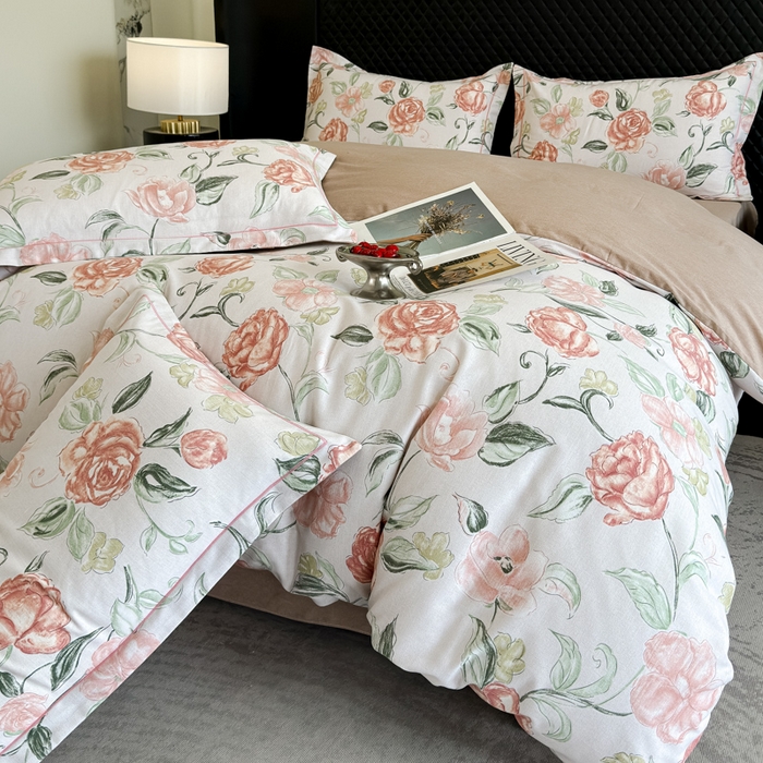 91家纺网 家纺一手货源 找家纺 曲之慕 2025直播爆款纯棉磨毛 高克重加厚全棉磨毛印花四件套 芳菲庄园-粉