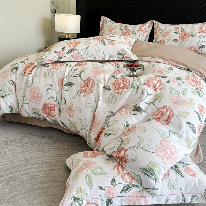 91家纺网 家纺一手货源 找家纺 曲之慕 2025直播爆款纯棉磨毛 高克重加厚全棉磨毛印花四件套 芳菲庄园-粉