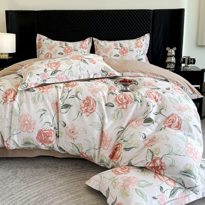 91家纺网 家纺一手货源 找家纺 曲之慕 2025直播爆款纯棉磨毛 高克重加厚全棉磨毛印花四件套 芳菲庄园-粉