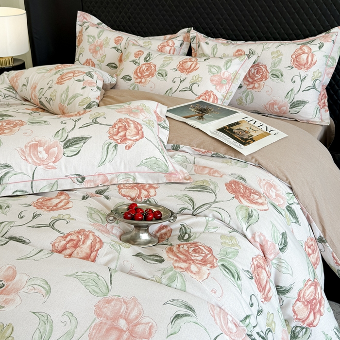 91家纺网 家纺一手货源 找家纺 曲之慕 2025直播爆款纯棉磨毛 高克重加厚全棉磨毛印花四件套 芳菲庄园-粉