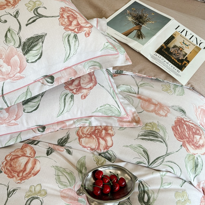 91家纺网 家纺一手货源 找家纺 曲之慕 2025直播爆款纯棉磨毛 高克重加厚全棉磨毛印花四件套 芳菲庄园-粉