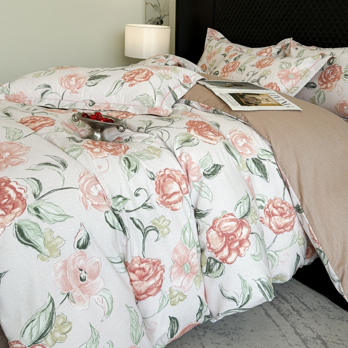 91家纺网 家纺一手货源 找家纺 曲之慕 2025直播爆款纯棉磨毛 高克重加厚全棉磨毛印花四件套 芳菲庄园-粉