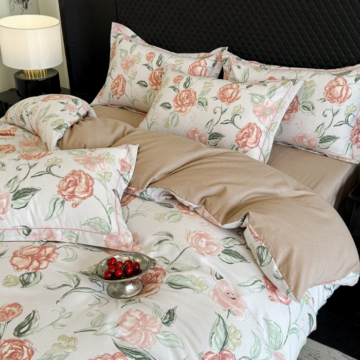 91家纺网 家纺一手货源 找家纺 曲之慕 2025直播爆款纯棉磨毛 高克重加厚全棉磨毛印花四件套 芳菲庄园-粉