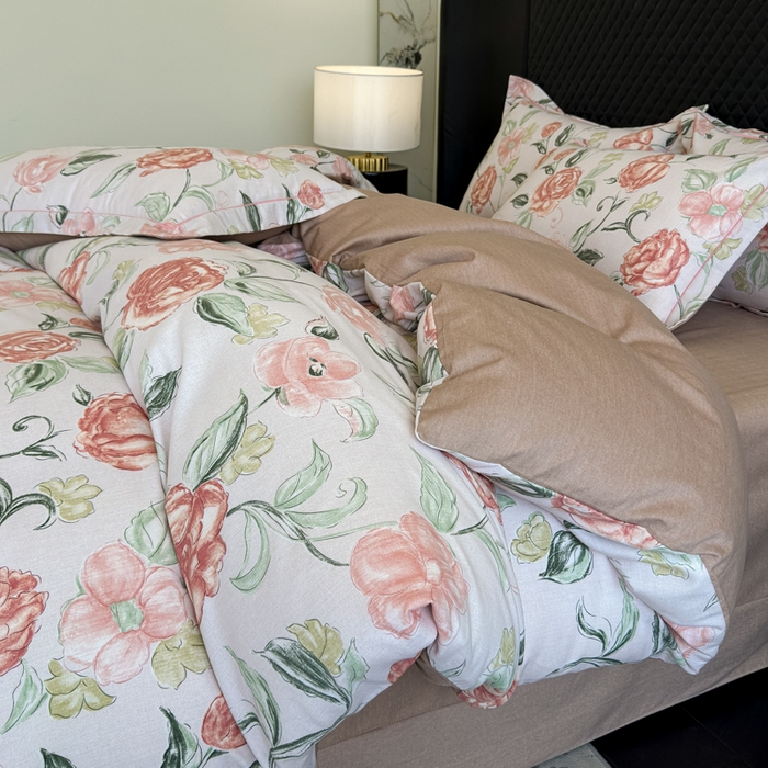 91家纺网 家纺一手货源 找家纺 曲之慕 2025直播爆款纯棉磨毛 高克重加厚全棉磨毛印花四件套 芳菲庄园-粉