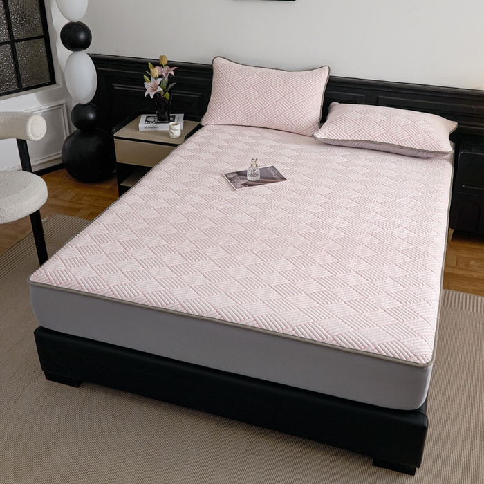 91家纺网 家纺一手货源 找家纺 欧邦 2025新款外贸热销加厚菱形Pe中分子凉感豆豆软席 菱形-粉床笠款