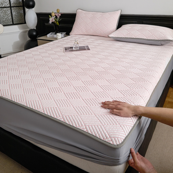 91家纺网 家纺一手货源 找家纺 欧邦 2025新款外贸热销加厚菱形Pe中分子凉感豆豆软席 菱形-粉床笠款