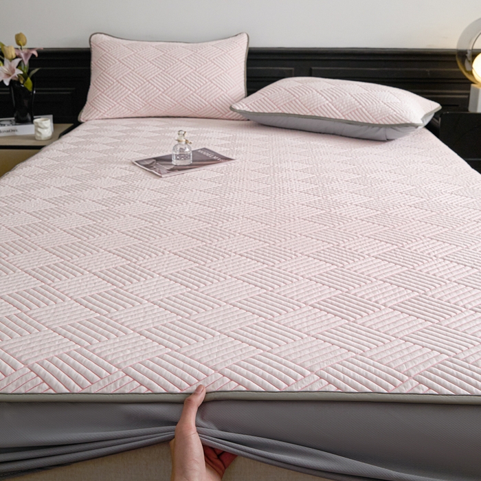 91家纺网 家纺一手货源 找家纺 欧邦 2025新款外贸热销加厚菱形Pe中分子凉感豆豆软席 菱形-粉床笠款