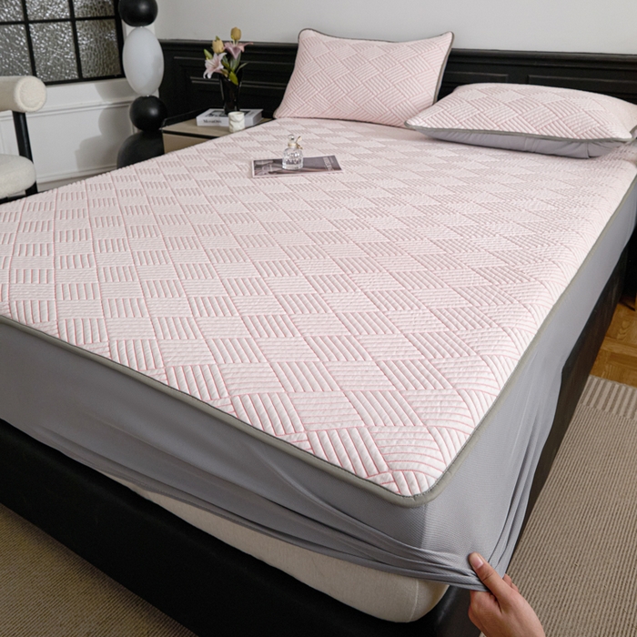 91家纺网 家纺一手货源 找家纺 欧邦 2025新款外贸热销加厚菱形Pe中分子凉感豆豆软席 菱形-粉床笠款