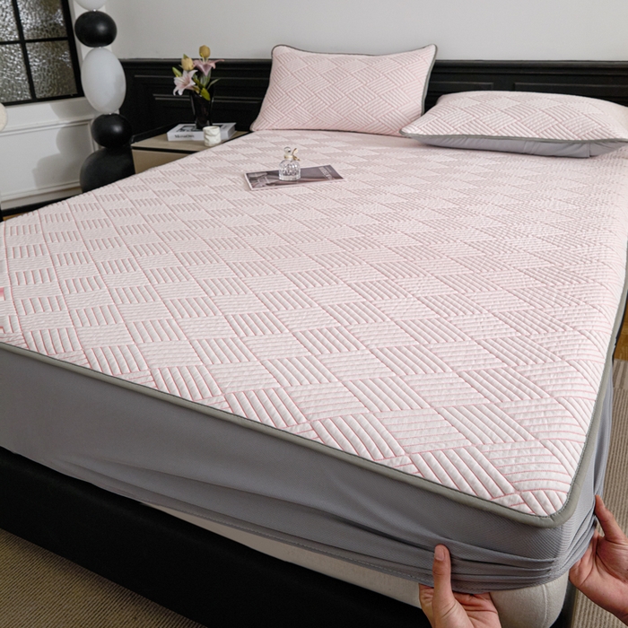 91家纺网 家纺一手货源 找家纺 欧邦 2025新款外贸热销加厚菱形Pe中分子凉感豆豆软席 菱形-粉床笠款