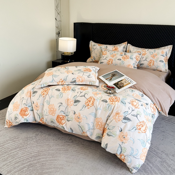 91家纺网 家纺一手货源 找家纺 曲之慕 2025直播爆款纯棉磨毛 高克重加厚全棉磨毛印花四件套 芳菲庄园-桔