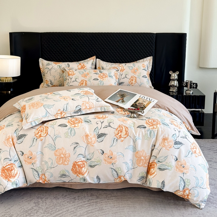 91家纺网 家纺一手货源 找家纺 曲之慕 2025直播爆款纯棉磨毛 高克重加厚全棉磨毛印花四件套 芳菲庄园-桔