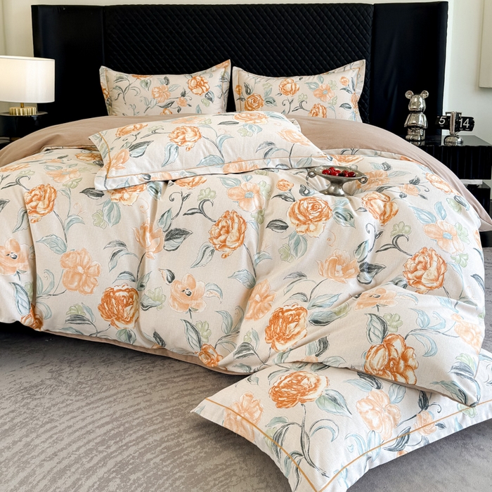 91家纺网 家纺一手货源 找家纺 曲之慕 2025直播爆款纯棉磨毛 高克重加厚全棉磨毛印花四件套 芳菲庄园-桔