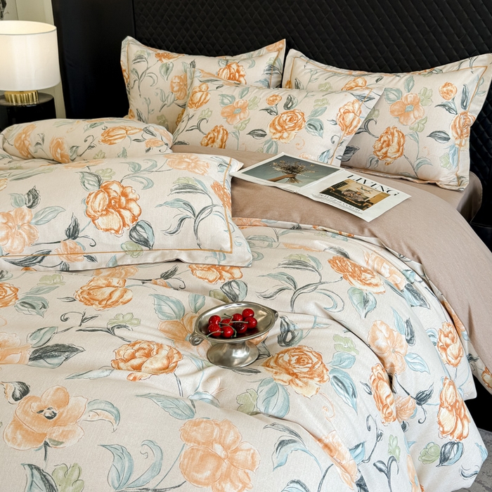 91家纺网 家纺一手货源 找家纺 曲之慕 2025直播爆款纯棉磨毛 高克重加厚全棉磨毛印花四件套 芳菲庄园-桔