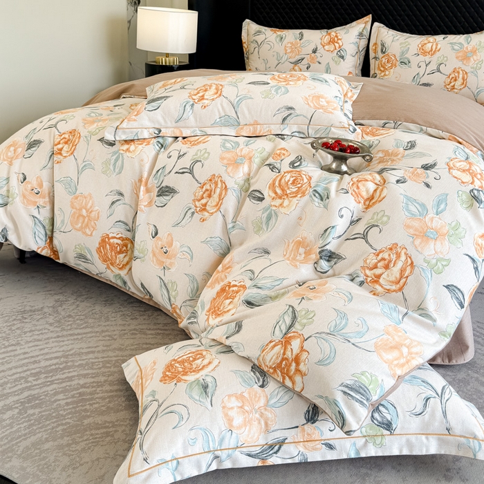 91家纺网 家纺一手货源 找家纺 曲之慕 2025直播爆款纯棉磨毛 高克重加厚全棉磨毛印花四件套 芳菲庄园-桔