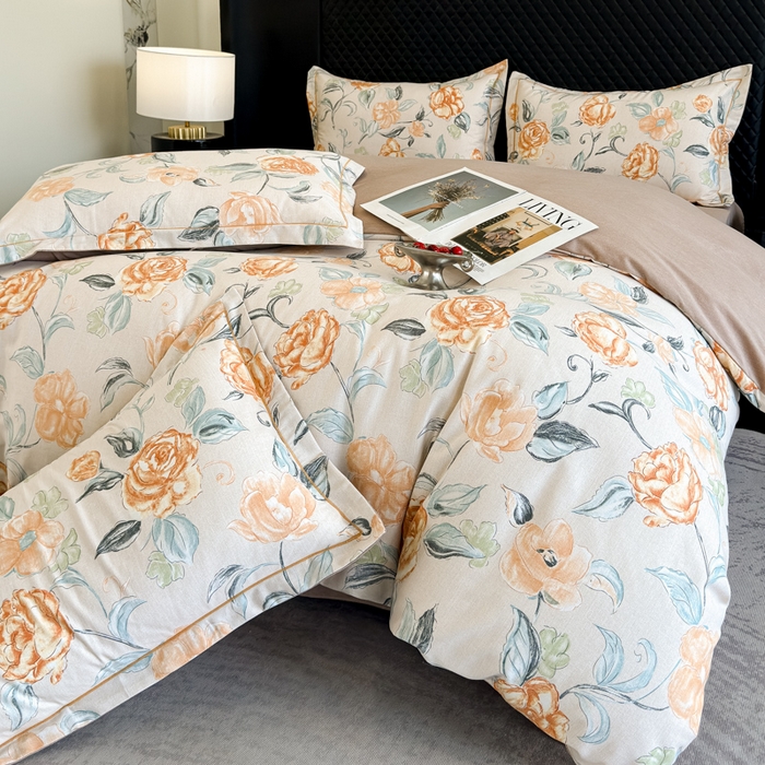 91家纺网 家纺一手货源 找家纺 曲之慕 2025直播爆款纯棉磨毛 高克重加厚全棉磨毛印花四件套 芳菲庄园-桔