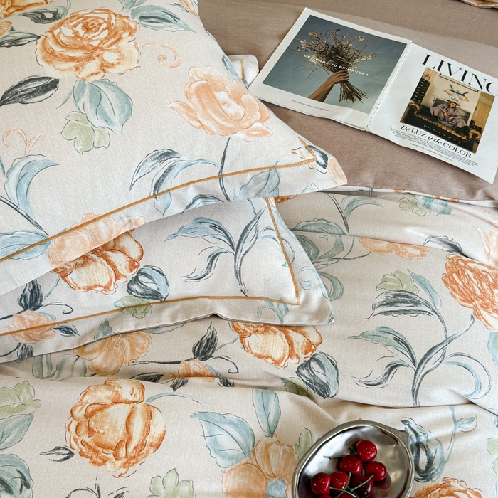 91家纺网 家纺一手货源 找家纺 曲之慕 2025直播爆款纯棉磨毛 高克重加厚全棉磨毛印花四件套 芳菲庄园-桔