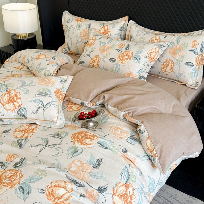 91家纺网 家纺一手货源 找家纺 曲之慕 2025直播爆款纯棉磨毛 高克重加厚全棉磨毛印花四件套 芳菲庄园-桔