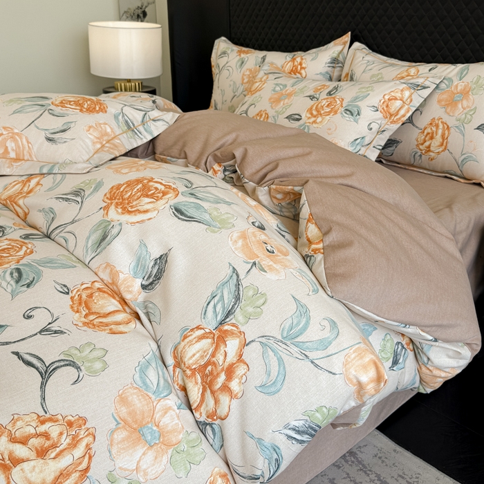 91家纺网 家纺一手货源 找家纺 曲之慕 2025直播爆款纯棉磨毛 高克重加厚全棉磨毛印花四件套 芳菲庄园-桔