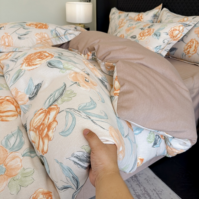 91家纺网 家纺一手货源 找家纺 曲之慕 2025直播爆款纯棉磨毛 高克重加厚全棉磨毛印花四件套 芳菲庄园-桔