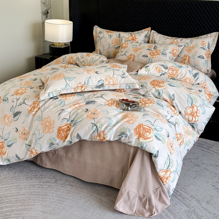 91家纺网 家纺一手货源 找家纺 曲之慕 2025直播爆款纯棉磨毛 高克重加厚全棉磨毛印花四件套 芳菲庄园-桔