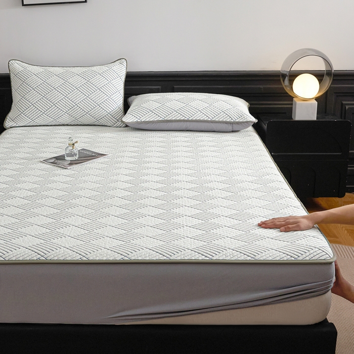 91家纺网 家纺一手货源 找家纺 欧邦 2025新款外贸热销加厚菱形Pe中分子凉感豆豆软席 菱形-灰 床笠款