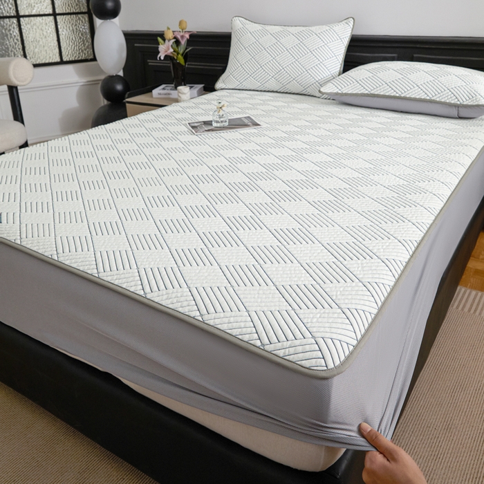 91家纺网 家纺一手货源 找家纺 欧邦 2025新款外贸热销加厚菱形Pe中分子凉感豆豆软席 菱形-灰 床笠款