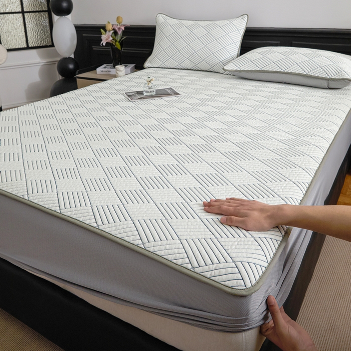 91家纺网 家纺一手货源 找家纺 欧邦 2025新款外贸热销加厚菱形Pe中分子凉感豆豆软席 菱形-灰 床笠款