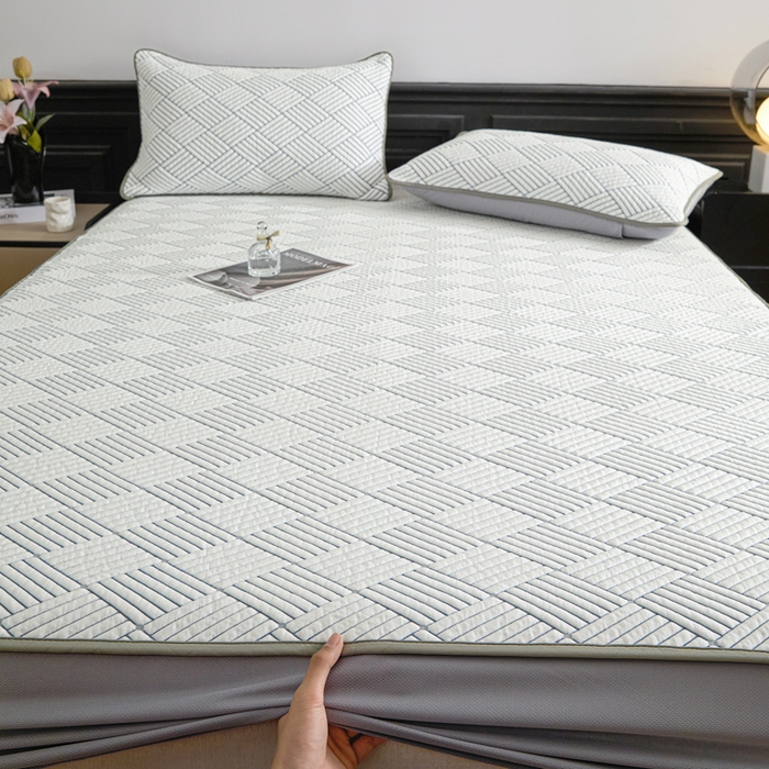 91家纺网 家纺一手货源 找家纺 欧邦 2025新款外贸热销加厚菱形Pe中分子凉感豆豆软席 菱形-灰 床笠款